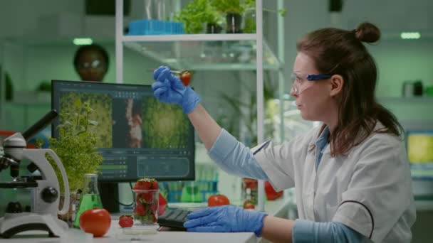 Naukowiec chemik sprawdzanie truskawki za pomocą pęsety medycznej — Wideo stockowe