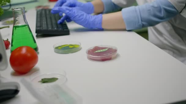 식물 기반 소고기 대체물을 보고 있는 생물학자 — 비디오