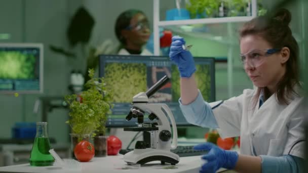 Вчений лікар аналізує ботанічні рослини під мікроскопом — стокове відео