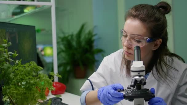 Cientista biólogo olhando para a amostra de folha verde sob microscópio — Vídeo de Stock