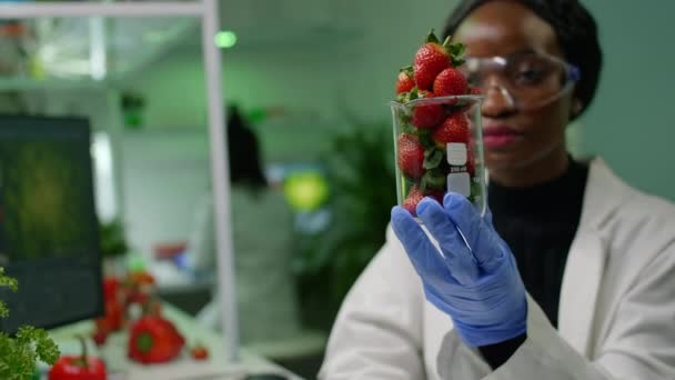 African researcher holding glas with strawberry injected with pesticides — Stock Video