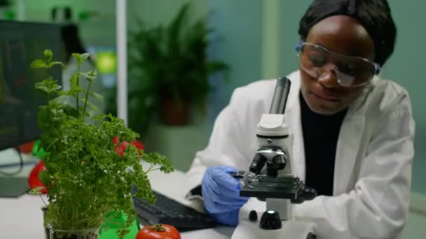 Vista frontal de la mujer investigadora bióloga analizando muestra verde gmo — Vídeos de Stock