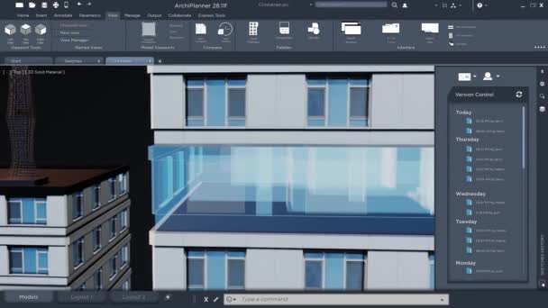 CAD HUD Industriearchitekt entwirft Gebäudeprototyp in App-Benutzeroberfläche — Stockvideo