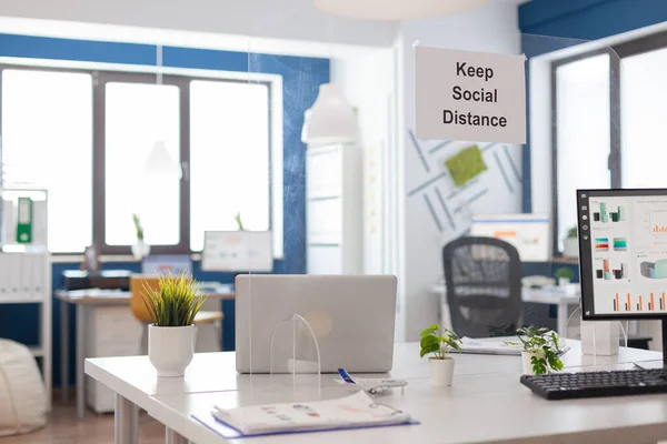 Modern empty office interior with plastic separators and keep social distance — Stock Photo, Image