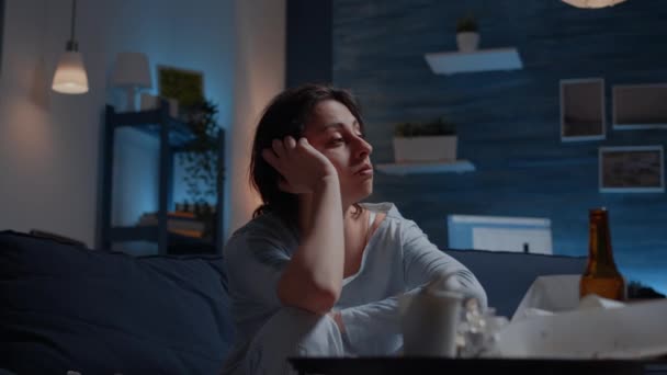 Sad depressed woman feeling headache fatigue loneliness — Stock Video