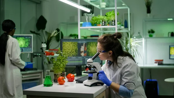 Biologist researcher analyzing biological slide for agriculture expertise — Stock Photo, Image