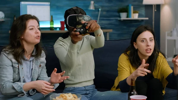 Upset afro american woman wearing virtual reality headset losing online videogames — Stock Photo, Image