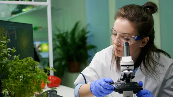 Biologiste scientifique regardant l'échantillon de feuilles vertes au microscope — Photo