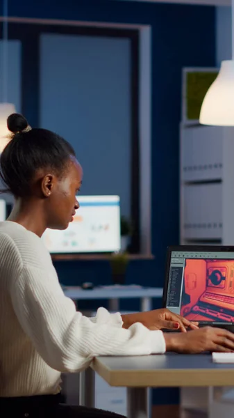 Dark skin gamer developer working at video game in midnight — Stock Photo, Image