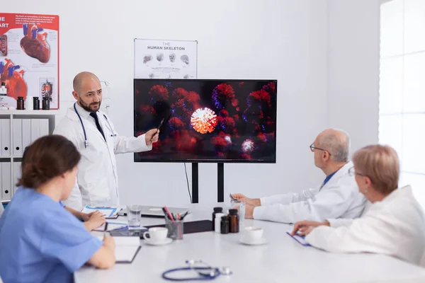 Hospital team discussing coronavirus symptoms working in meeting conference room