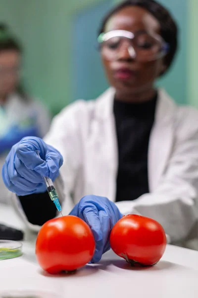 Primer plano del químico científico inyectando tomate orgánico con pesticidas — Foto de Stock