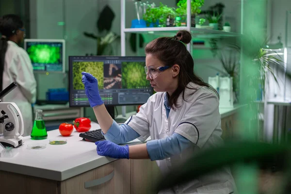 Kemist forskare tittar på gröna blad prov kontroll genetisk mutation — Stockfoto