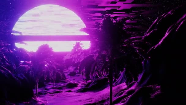 Plage futuriste rétro avec palmier en lumière rose et temps venteux — Video