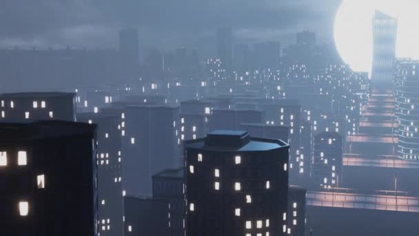 Skyline di città con grattacieli durante la notte, ponti e architettura moderna — Video Stock