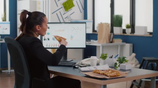 在公司办公室吃饭时吃饭时吃快餐的女商人 — 图库视频影像
