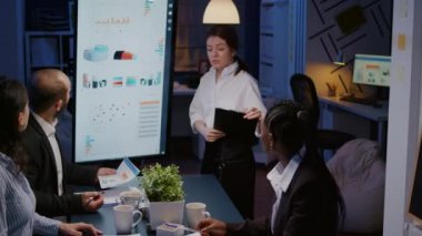 İşkolik girişimci kadın ofis toplantı odasında aşırı çalışma yönetim istatistiklerini tartışıyor