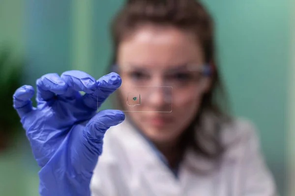 Primer plano de la mujer científica mirando la muestra de prueba de la pulga —  Fotos de Stock