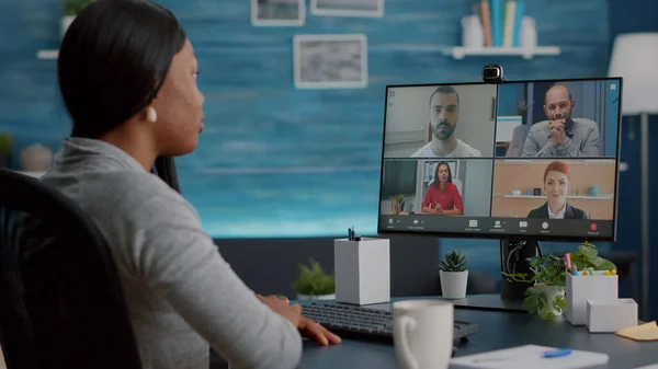 Black student talking with marketing university team during online videocall meeting — Stock Photo, Image