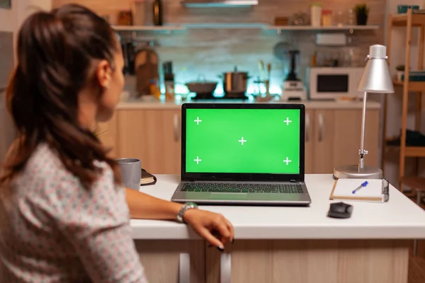 Donna guardando computer portatile con mockup verde — Foto Stock