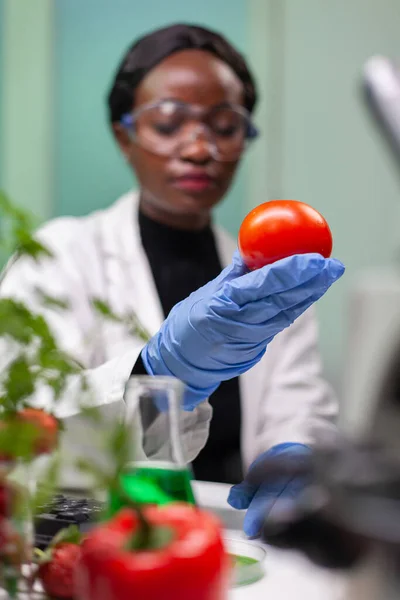 Vista frontal de la mujer investigadora bióloga analizando tomate inyectado con ADN químico — Foto de Stock