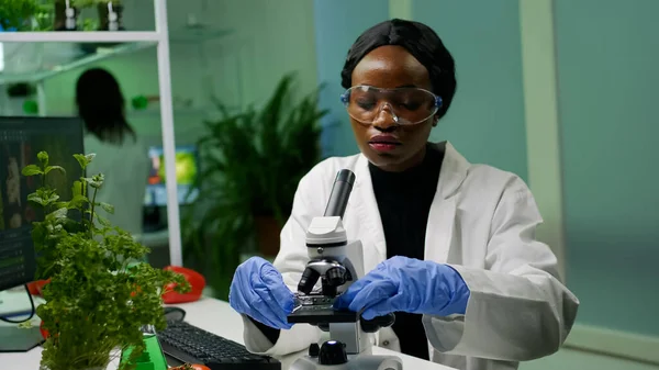 Mujer botánica mirando la muestra bajo el microscopio observando mutación genética —  Fotos de Stock