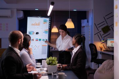 İşkolik girişimci kadın ofis toplantı odasında aşırı çalışma yönetim istatistiklerini tartışıyor