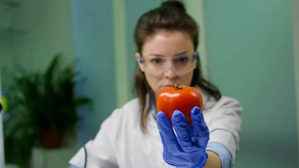 Vista frontal de la mujer investigadora bióloga analizando pimienta inyectada con ADN químico — Foto de Stock