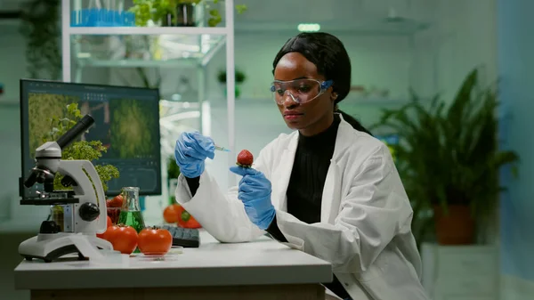 Científico químico inyectando fresa con líquido orgánico examinando prueba de ADN —  Fotos de Stock