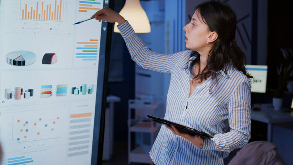 Workaholic focused businesswoman explaining management solution pointing strategy on monitor