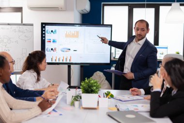 Müdür toplantı odasında brifing sunumu yapıyor.