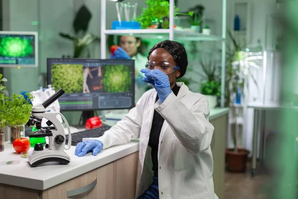 Primer plano de la mujer científica africana mirando la muestra de prueba de la hoja —  Fotos de Stock