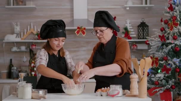 Petit-enfant portant un tablier préparant la pâte à biscuits d'hiver maison dans la cuisine culinaire — Video