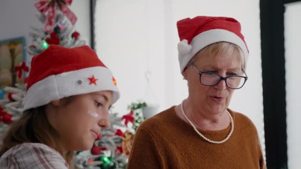 Porträtt av mormor med barnbarn bär tomte hattar — Stockvideo