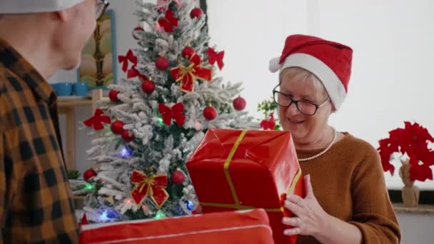 Happy senior couple enjoying christmastime sharing wrapper gift in xmas decorated kitchen — стоковое видео