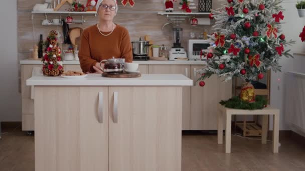 Retrato de mulher velha vestindo chapéu de xmas celebrando a temporada de Natal na cozinha decorada — Vídeo de Stock
