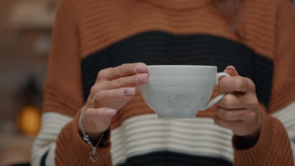 Primer plano de la taza de té sostenida por una mujer joven en casa — Vídeo de stock