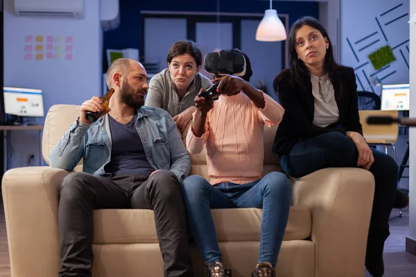 Group of multi ethnic friends using vr glasses for fun — Stock Photo, Image