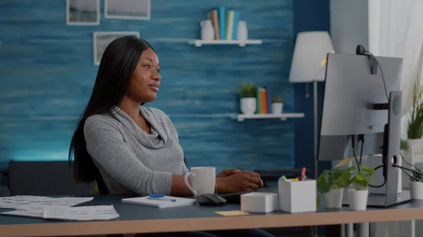 African american student waving professor during virtual videocall conference meeting — Stock Photo, Image