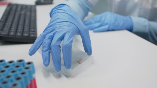 Científico investigador con guantes con muestra de sangre — Vídeos de Stock