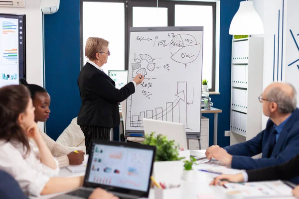 Gammal affärskvinna skriver på vita tavlan, presenterar försäljningsutvecklingen — Stockfoto