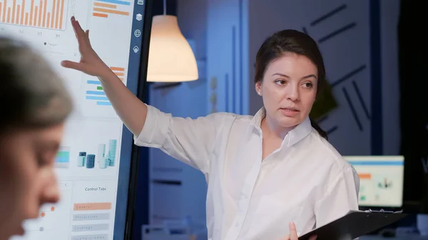 Женщина-предприниматель объясняет статистику управляющей компании с помощью монитора презентаций — стоковое фото