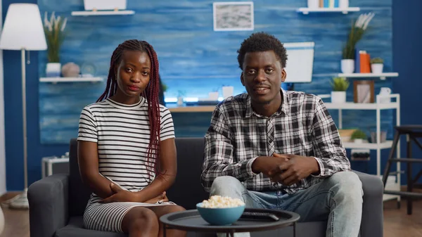 African american couple talking on video call conference — Stock Photo, Image