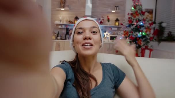 POV of festive woman using video call communication — Stock Video