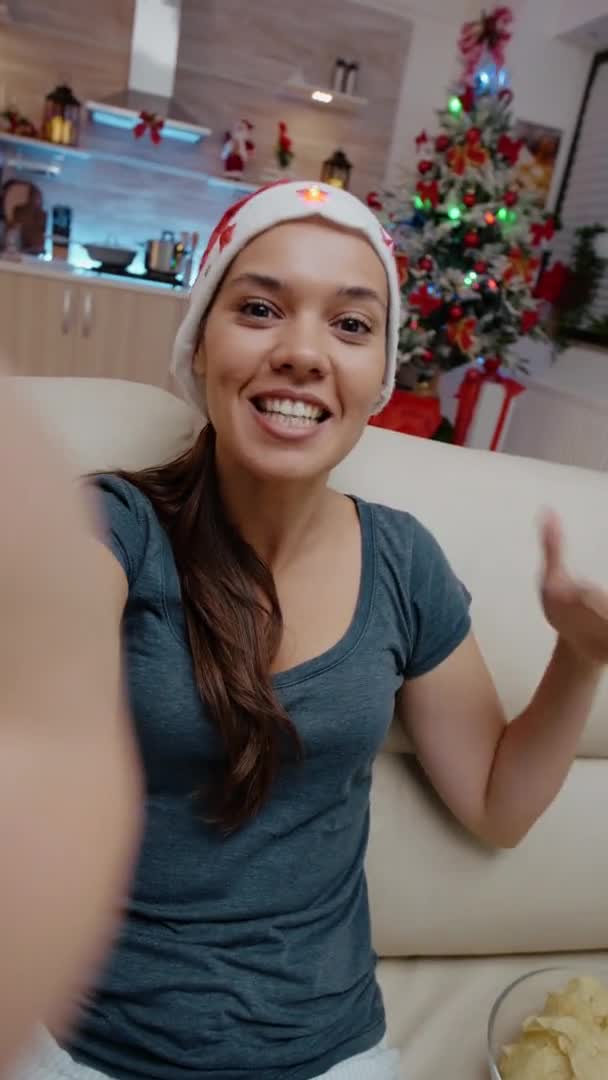 POV of cheerful woman waving at video call conference — Stock Video