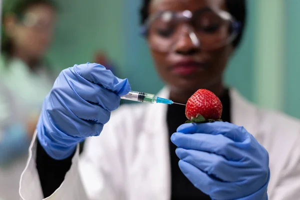 Primer plano científico afroamericano inyectando fresa con pesticidas químicos — Foto de Stock