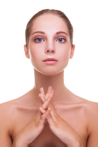 Mujer con belleza maquillaje sobre fondo blanco — Foto de Stock