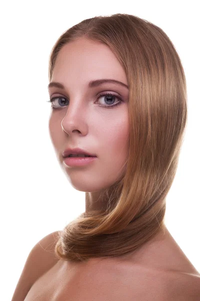 Nő, egészséges, erős haj fehér háttér — Stock Fotó