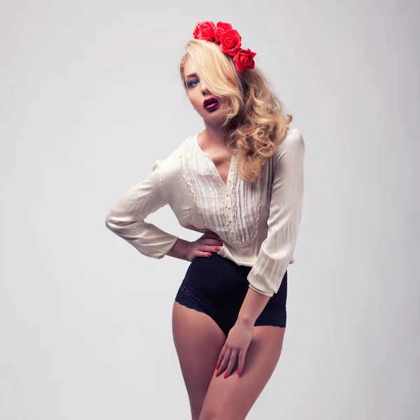 Hot blonde in panties vintage toning — Stock Photo, Image