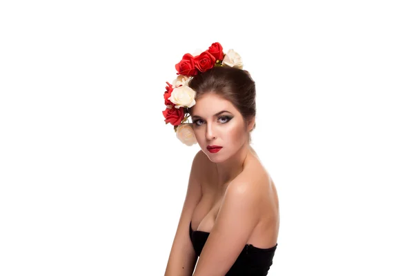 Sexy Frau mit Blumen im Kopf — Stockfoto