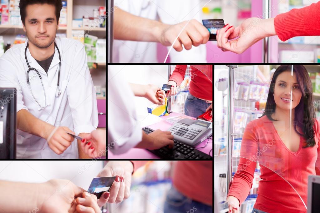 Collage with customer paying in pharmacy